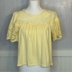 Cottage core top, yellow peasant blouse, lace, ruffles